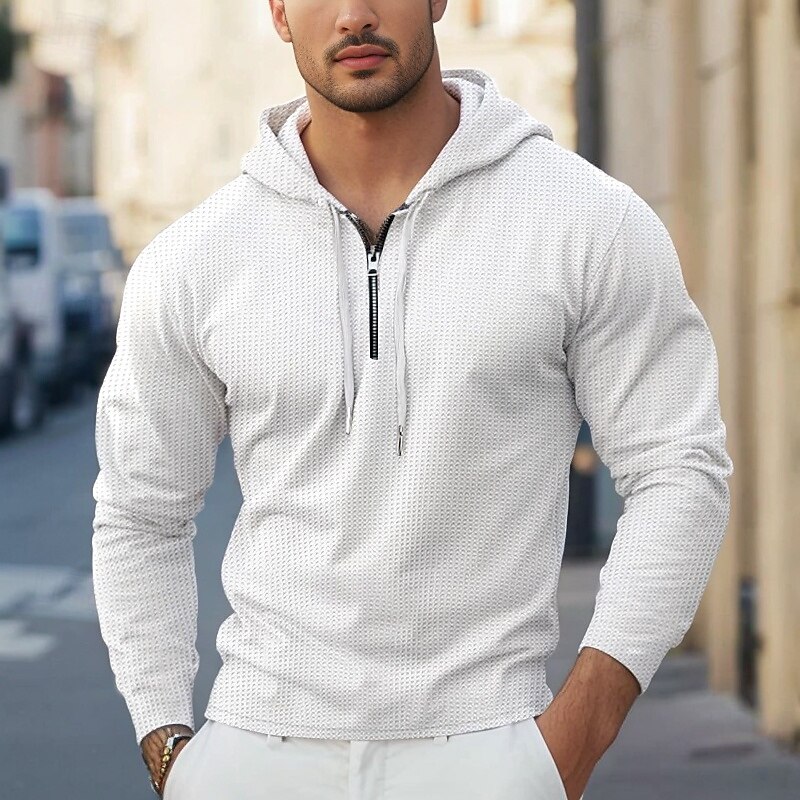 Men's Waffle Tee T Shirt Zip Up Hoodies Long Sleeve Hoodie Spring Fall Spring &  Fall Solid Color Knitwear Daily Color-Blocking Outdoor Causal Casual Black White Light Gray Top Tee for Men4