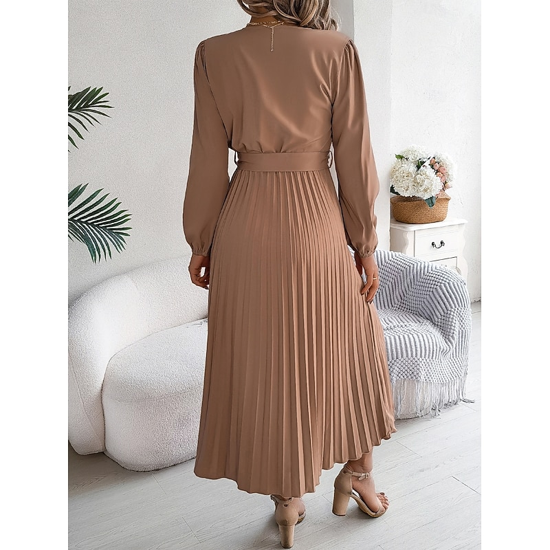Women's Vintage Dress Mini Dress Pleated High Waist Elegant Formal V Neck Long Sleeve Blue Green Khaki Color2