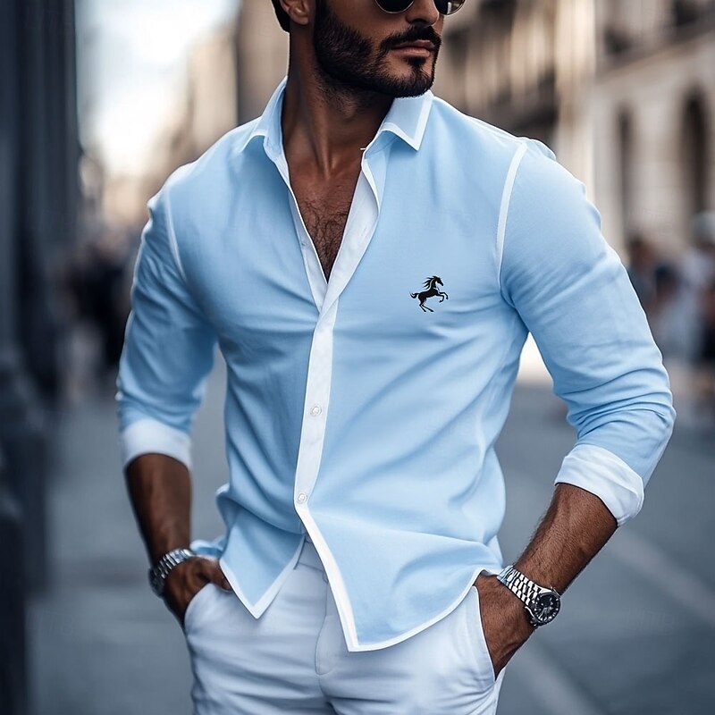 Men's Horse Dress Shirt Button Up Shirt Long Sleeve Business Casual Formal Daily Holiday Fall Winter Spring & Summer Collared Shirts Button Up 3D Print Blue Gray