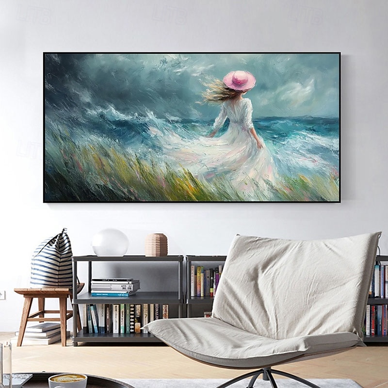 Handpaint Modern Abstract Canvas Painting Lady Wearing White By The Sea Art Beautiful Woman Portrait Paintings Home Decor For Living Room No Frame4