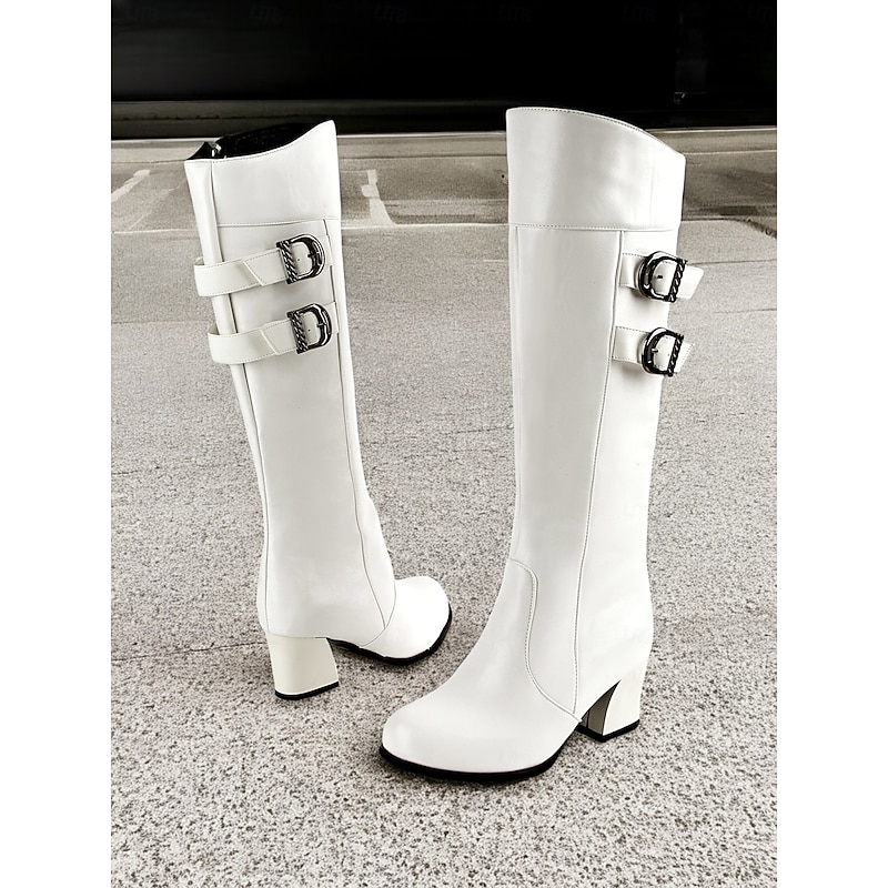 Women's White Knee-High Boots with Double Buckle Detail – Stylish Block Heel Boots for Winter and Casual Outfits3