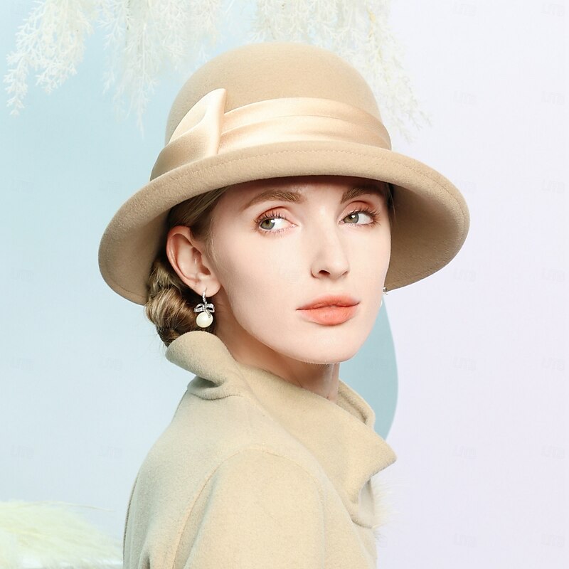Hats 100% Wool Bowler / Cloche Hat Fedora Hat Wedding Tea Party Elegant Wedding With Bowknot Splicing Headpiece Headwear4