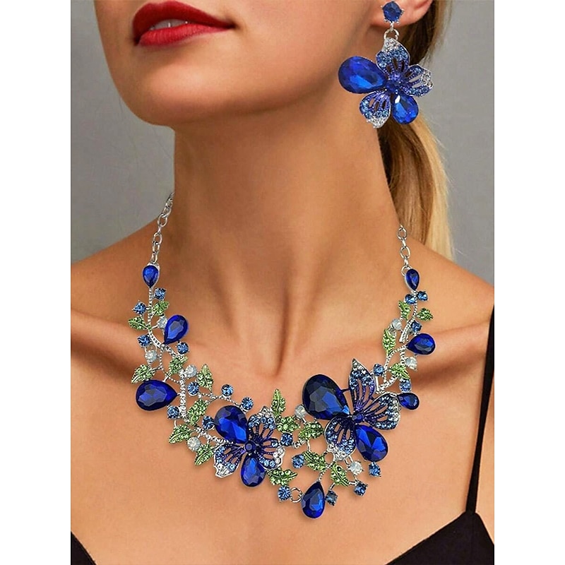Women's Elegant Green Butterfly Jewelry Set – Sparkling Crystal Necklace and Earring Set with Floral Design for Special Occasions2