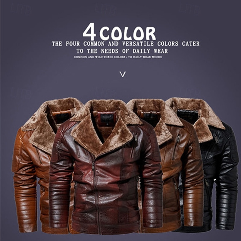Men's Faux Leather Jacket Fleece Jacket Biker Jacket Motorcycle Jacket Daily Vacation Windproof Warm Pocket Fall & Winter Plain Fashion Classic Lapel Regular Black Red Brown Coffee Jacket4