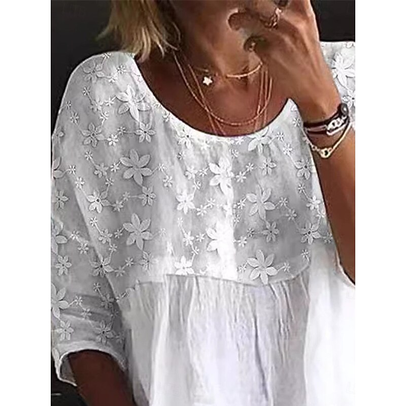 Women's Shirt Cotton Linen Shirts Blouse Solid Color Basic Casual 3/4 Length Sleeve V Neck Regular Tops Daily Lace Patchwork White Blue Summer Spring4