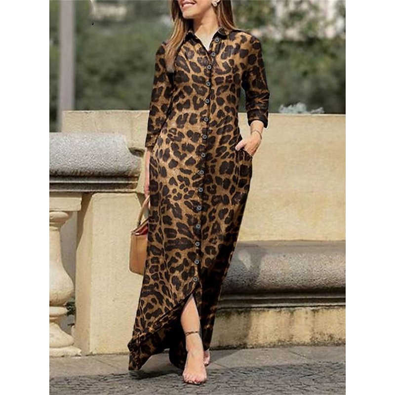 Women's Floral Shirt Collar Maxi Dress Long Sleeve Summer Spring