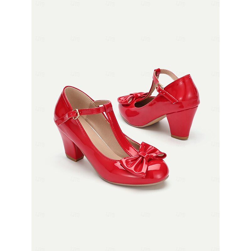 Women's Red T-Strap Heels with Bow Detailing and Block Heels – Elegant Vintage-Inspired Shoes for Parties and Formal Occasions4