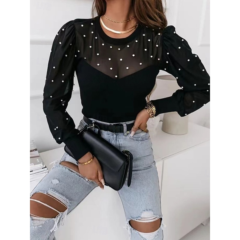 Women's Shirt Blouse Polka Dot Casual Long Sleeve Crew Neck Regular Tops Daily Mesh Patchwork Black Fall Winter3