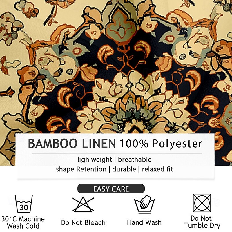 Men's Floral Shirt Button Up Shirt Henley Shirt Long Sleeve Vintage Casual Vacation Daily Beach Wear Summer Spring Fall Collarless V Neck 3D Print Buttons Khaki3