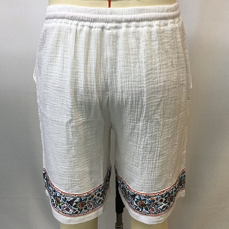 Men's Shorts Linen Shorts Summer Shorts Beach Shorts Patchwork Drawstring Elastic Waist Plain Breathable Knee Length Vacation Holiday Beach Fashion Casual White3