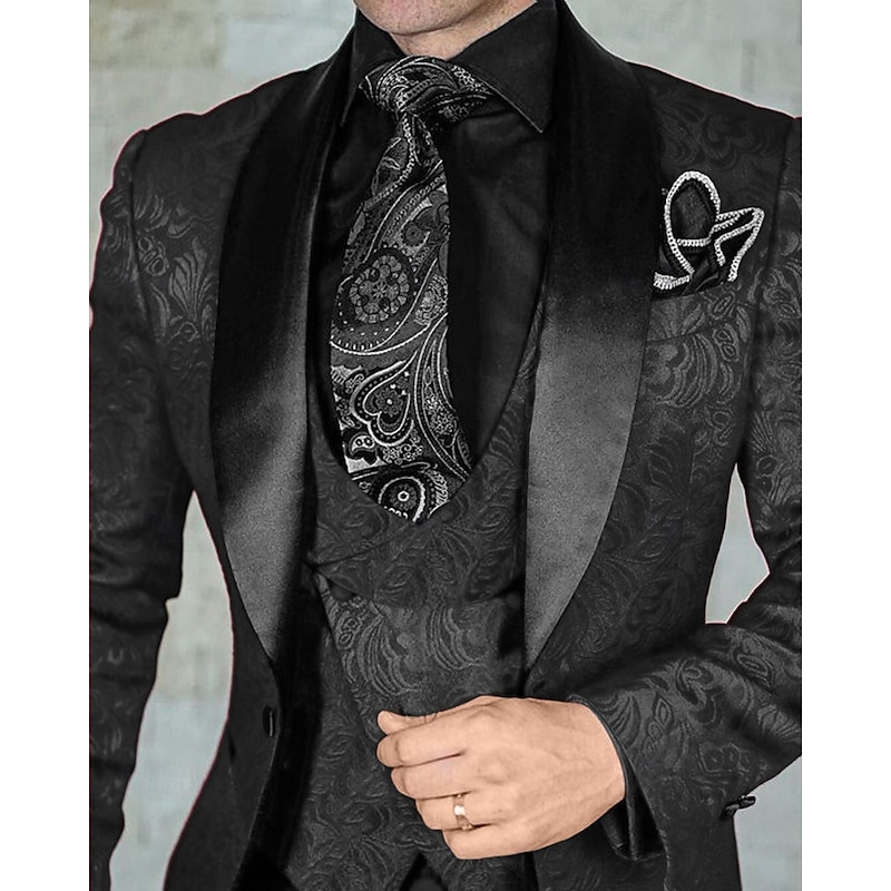 Men's Wedding Prom Suits Shawl Collar Black Burgundy Jacquard Floral Tailored Fit 3 Piece Single Breasted One-button2