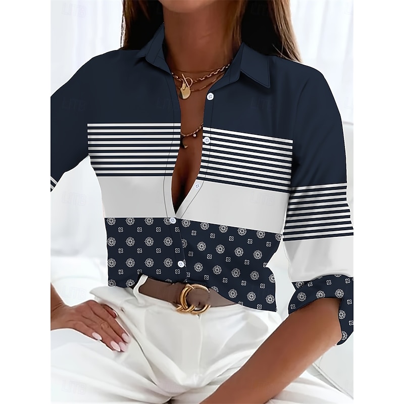 Women's Shirt Button Down Tunic Shirt Collar Long Sleeve Geometric Striped Casual Regular Tops Work Daily s Print Navy Blue Spring Fall Winter
