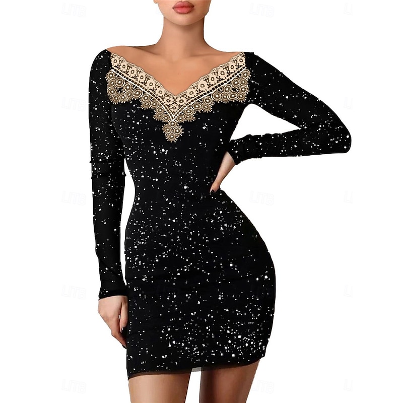 Women's Mini Dress Black Dress Sequin Dress Lace Dress Casual Dress Casual Party Street Regular Fit Plain Long Sleeve Off Shoulder Black Apricot Fall Winter3