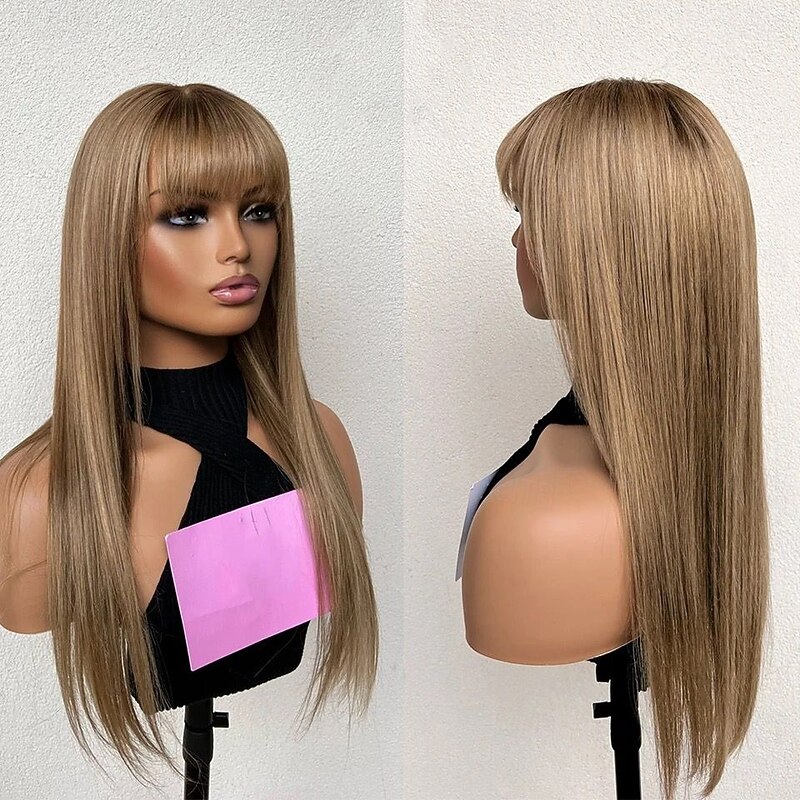 Remy Human Hair 5x5 Closure 13x4 Lace Front Wig With Bangs Brazilian Hair Straight Brown Wig 130% 150% Density with Baby Hair Natural Hairline Glueless Pre-Plucked For Women Long Human Hair Lace Wig