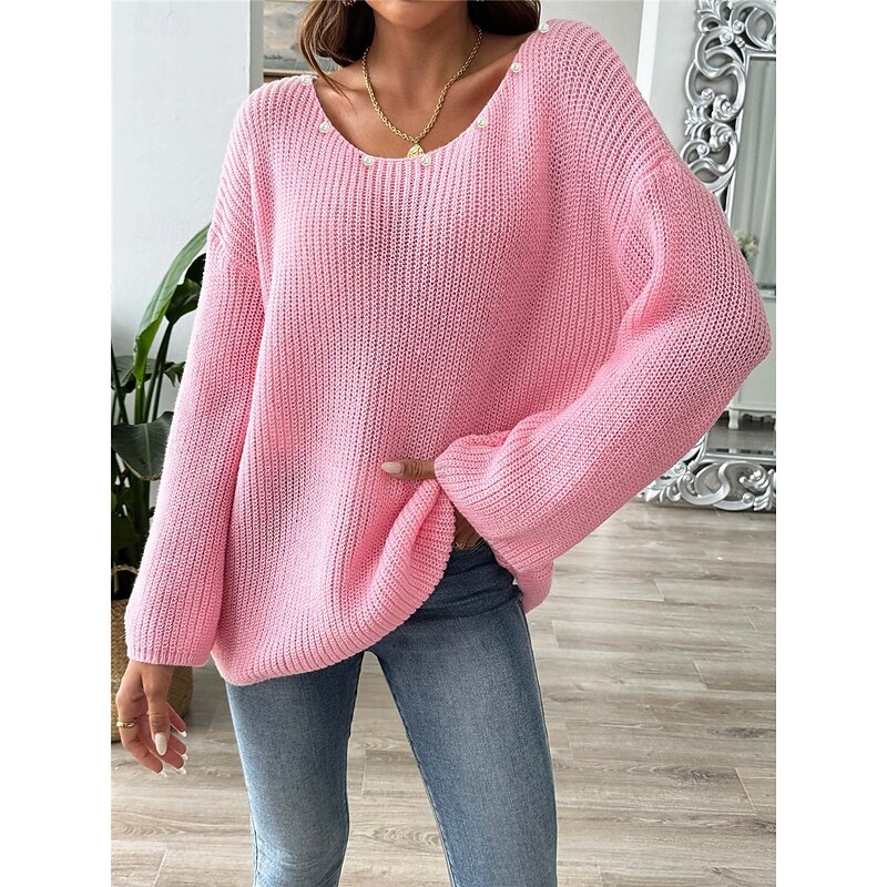 Women's Sweater Casual Soft Pure Color Ribbed Boat Neck Beaded Knitted Long Sleeve Regular Tops Knit Outdoor Daily Weekend Black White Fall Winter4
