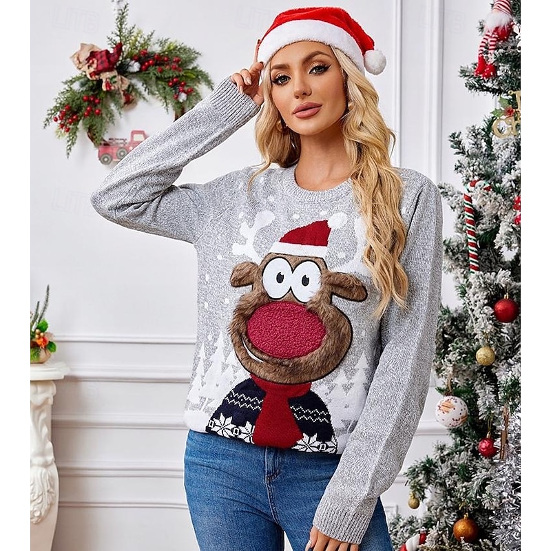 Reindeer Ugly Christmas Sweater Pullover Jumper Women's Girls' Christmas Novelty Funny Knitted Pattern Adults Kid's Christmas New Year Christmas Eve Christmas Party Top