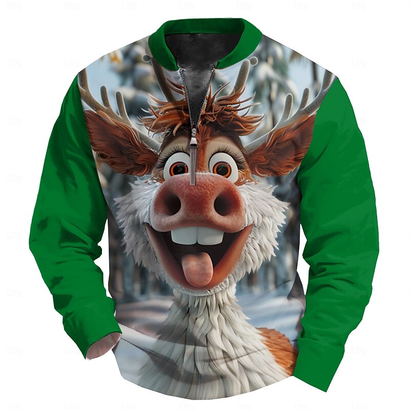 Christmas Men's Cartoon Deer Long Sleeve T shirt Print Standing Collar Shirt Fashion Outdoor Casual Daily Holiday Lake Blue Black Yellow Spring Fall Winter Clothing Apparel Normal S M L XL XXL XXXL2