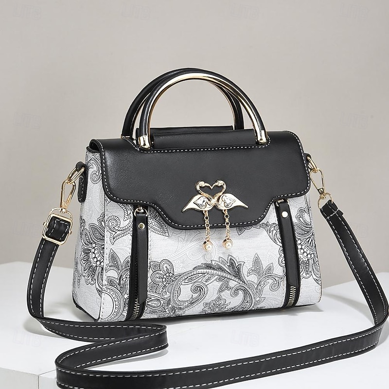Women's Elegant Swan Pendant Handbag - Black and White Paisley Design with Gold Accents and Adjustable Strap2