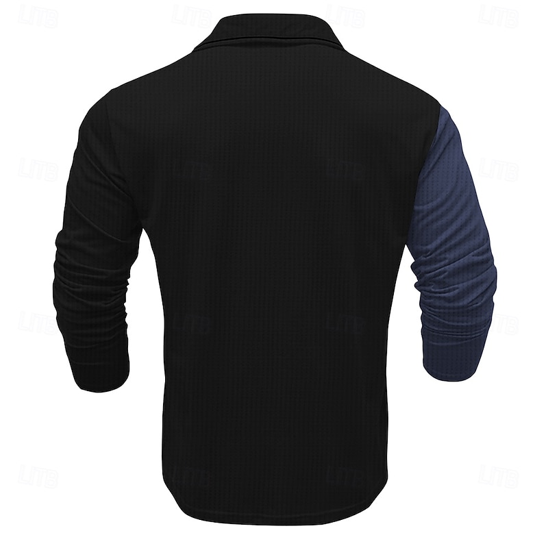 Men's Striped Waffle Polo Shirts Long Sleeve Polo Shirts Collar Business Casual Party Evening Wear Dailywear Buttons 3D Print Spring Fall Winter Blue2