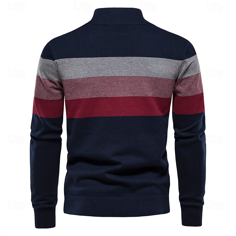 Men's Sweater Pullover Sweater Jumper Knitwear Ribbed Knit Regular Tops Zipper Color Block Turndown Knitwear Neutral Outdoor Clothing Apparel Spring &  Fall Black Navy Blue S M L2