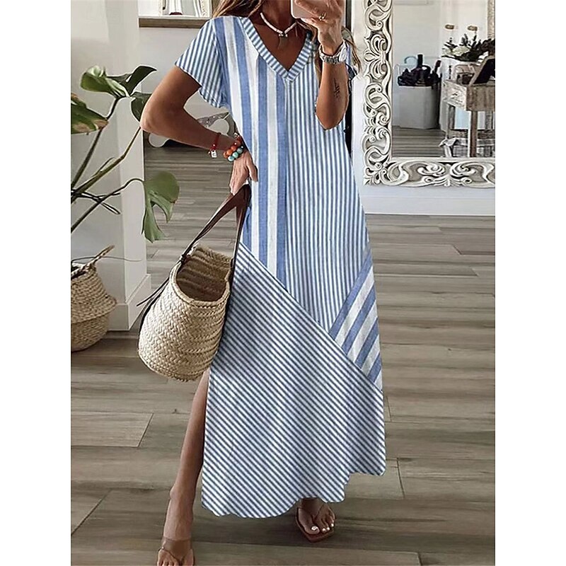 Women's Stripe V Neck Maxi Dress Short Sleeve Summer
