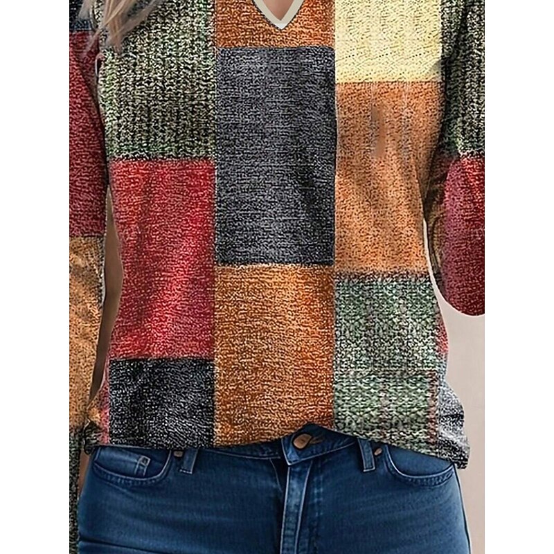Women's T Shirt Color Block Fashion Modern Casual Long Sleeve V Neck Regular Tops Daily Weekend Patchwork Print Orange Fall Winter3
