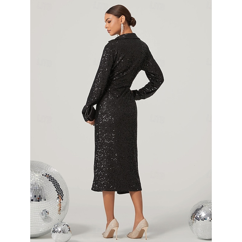 Women's Knee Length Dress Black Dress Sequin Dress Elegant Stylish Bishop Sleeve Cocktail Party Regular Fit Plain Long Sleeve V Neck Shirt Collar Black Fall Winter2