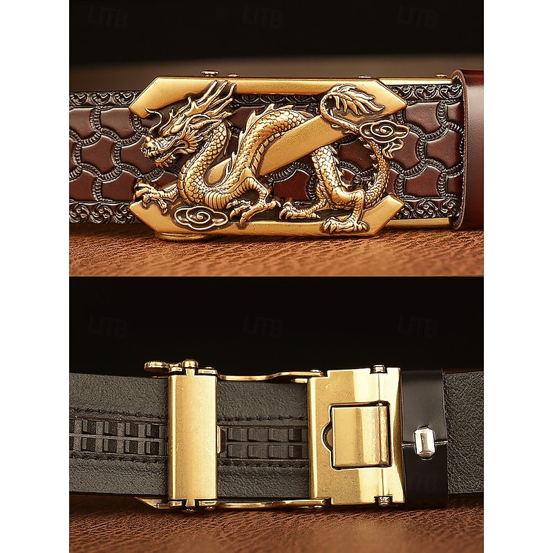 Men's Brown Leather Belt with Embossed Dragon Design and Gold Buckle - Vintage Style, Perfect for Formal and Casual Wear3