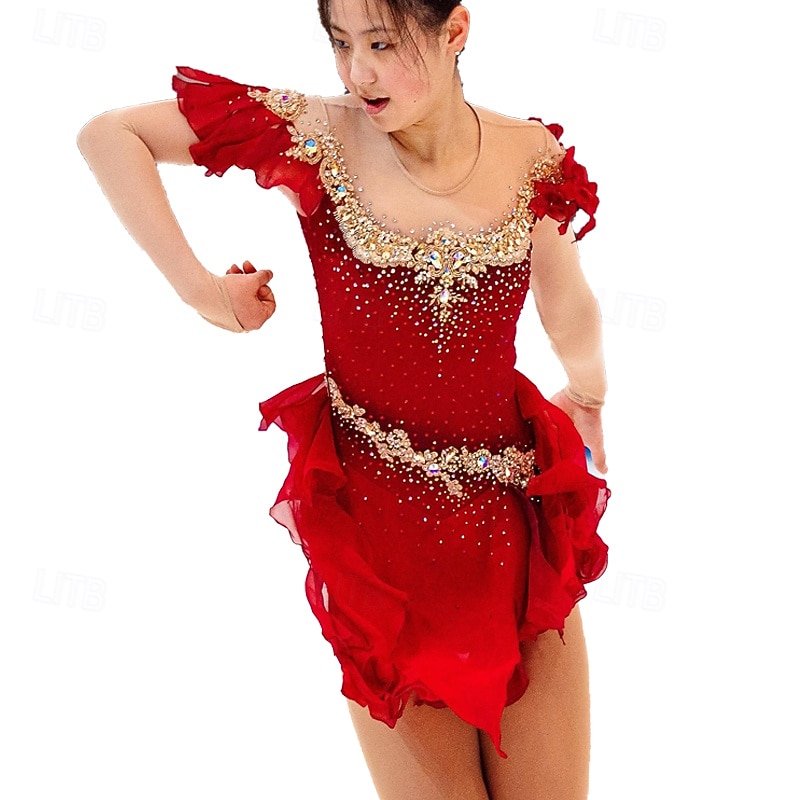 Figure skating costume for adults and children solid color gradient color diamond customized spandex mesh grading performance costume competition training red rhinestone women's skirt performance4