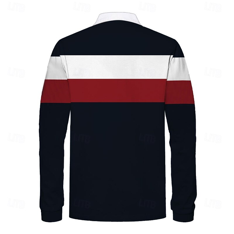 Men's Striped Rugby Polo Shirts Long Sleeve Polo Shirts Collar Casual Formal Outdoor Dailywear 3D Print Buttons Spring Fall Winter Ink Blue3