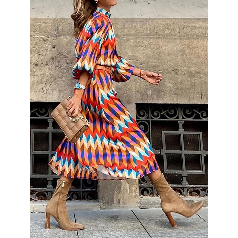 Women's Geometric Stand Collar Maxi Dress Long Sleeve Summer Spring