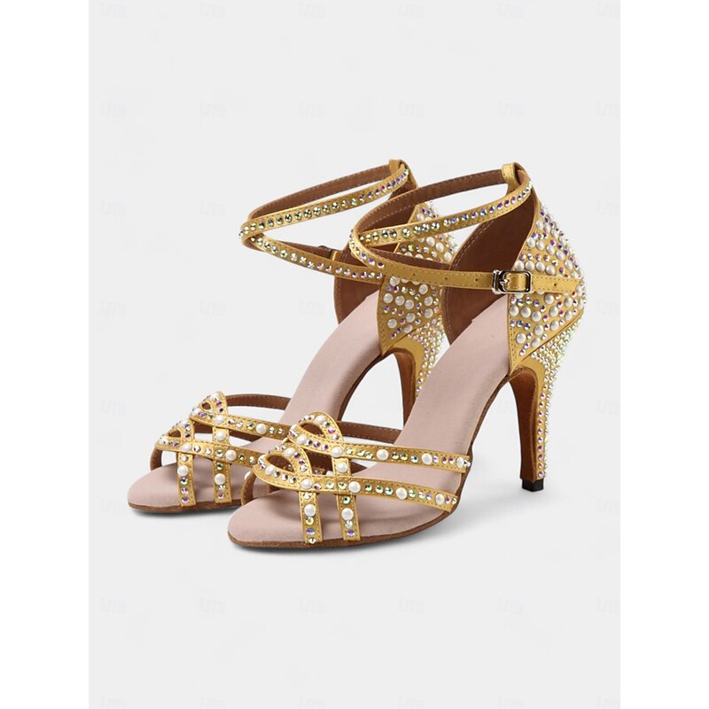 Women's Gold Rhinestone-Embellished Latin Dance Shoes - Open-Toe Heels with Strappy Design for Ballroom, Salsa, and Special Occasions