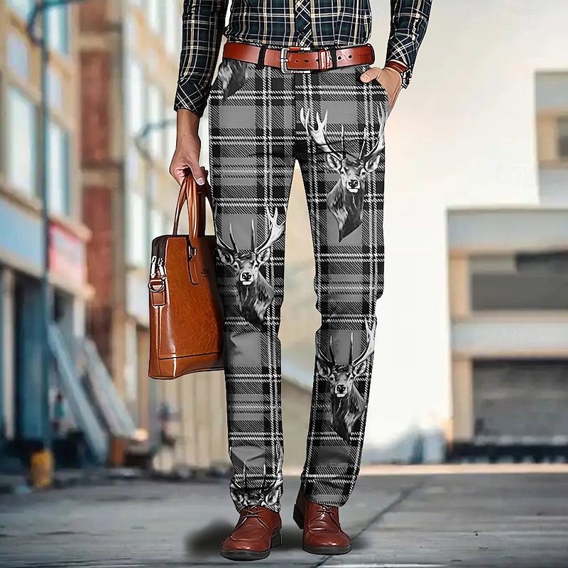Men's Color Block Plaid / Check Patchwork Dress Pants Mid Waist Vintage Casual Outdoor Home Dailywear Zipper Pocket Summer Spring Fall 3D Print Black Red Blue3