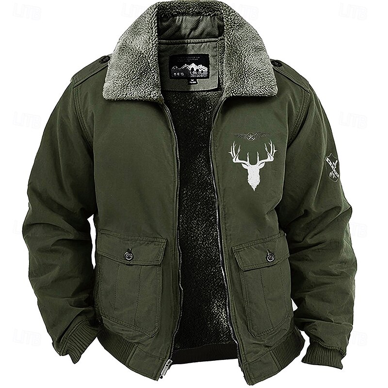 Men's Animal Reindeer Embroidered Fleece Jacket Cargo Jacket Long Sleeve Military Tactical Thermal Warm Coat Vintage Casual Style Cotton Bomber Jacket with Turn-down Collar khaki Army Green Dark Blue2