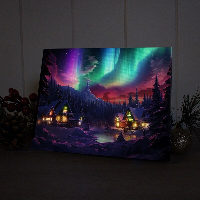 Snow Village LED Canvas Wall Art LED Lighted Up Wall Decor 2AA Battery Operated Lighted Canvas Print LED Light Kitchen Bedroom or Home Decor Winter Wonderland Nothern Light2