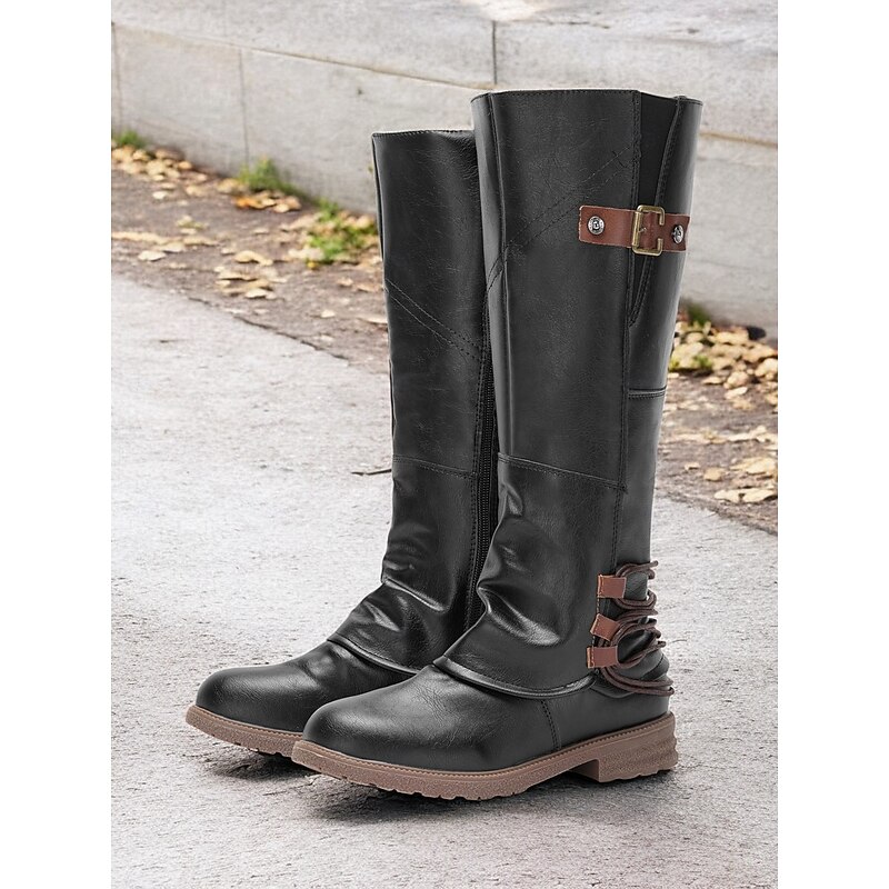 Women's Black Knee-High Riding Boots with Brown Buckle Accents – Stylish Casual Outdoor Boots, Comfortable Low Heel Design for Fall and Winter