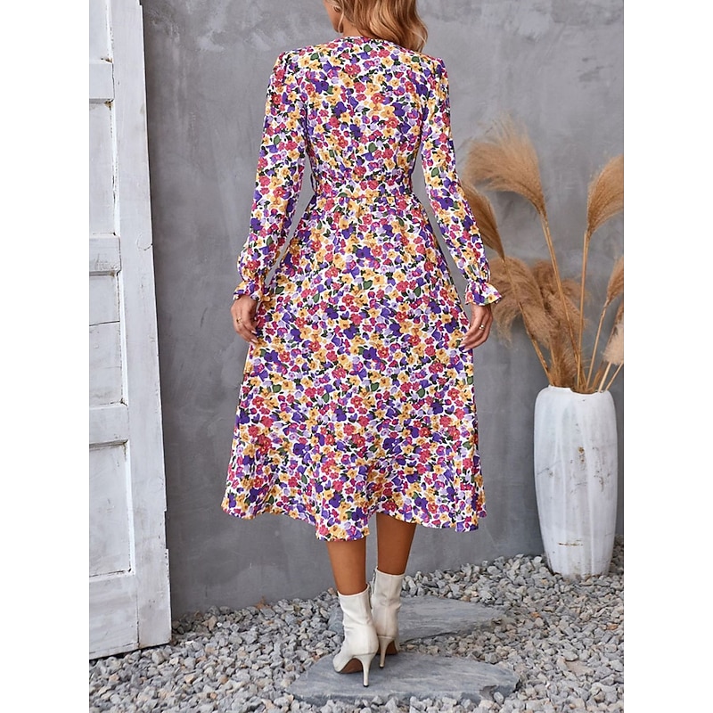 Women's Floral V Neck Midi Dress Long Sleeve Summer Spring2