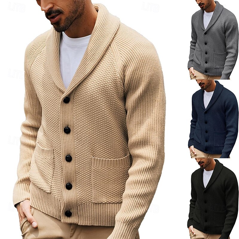 Male Cardigan Cable Knit Regular Knitting Solid / Plain Color Shawl Collar New Year's events Clothing Apparel Winter Autumn / Fall Black Blue S M L
