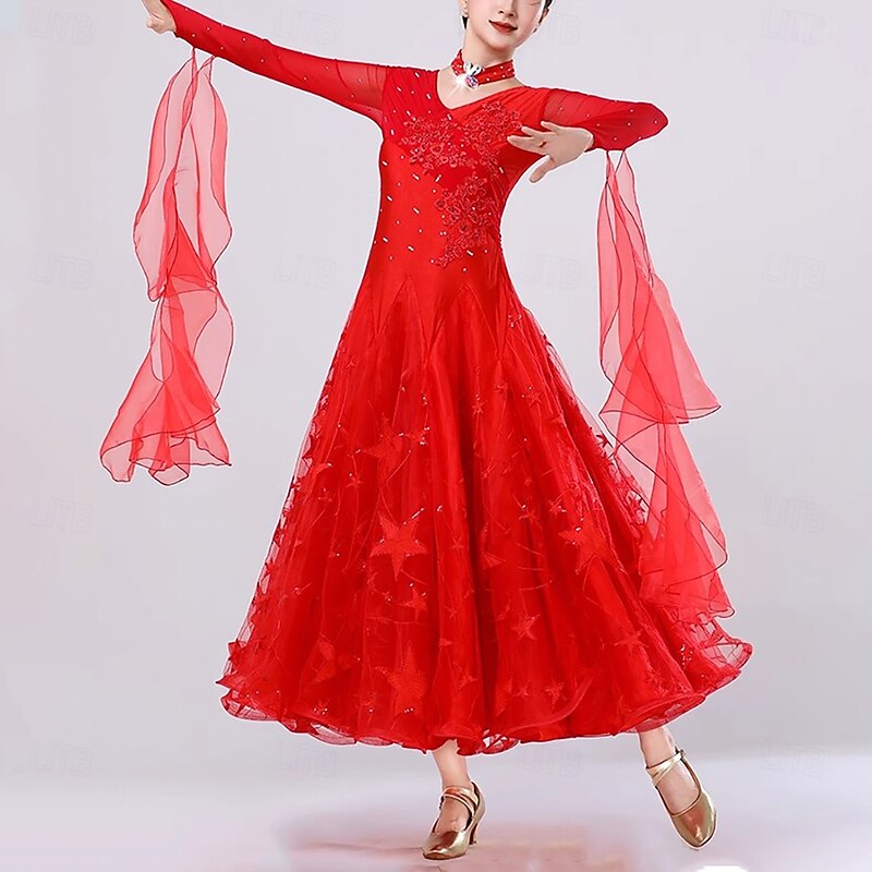 Ballroom Dance Competition Dress Women's Performance Modern  Tango Waltz Dance Costumes Long Sleeves
