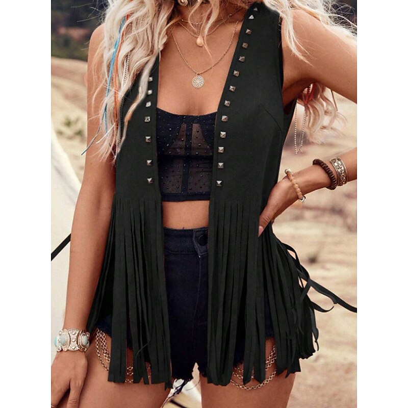Women's Vest Outdoor Street Daily Wear Summer Regular Coat Regular Fit Thermal Warm Breathable Stylish Casual Jacket Sleeveless Plain Tassel Fringe Black Pink Brown4