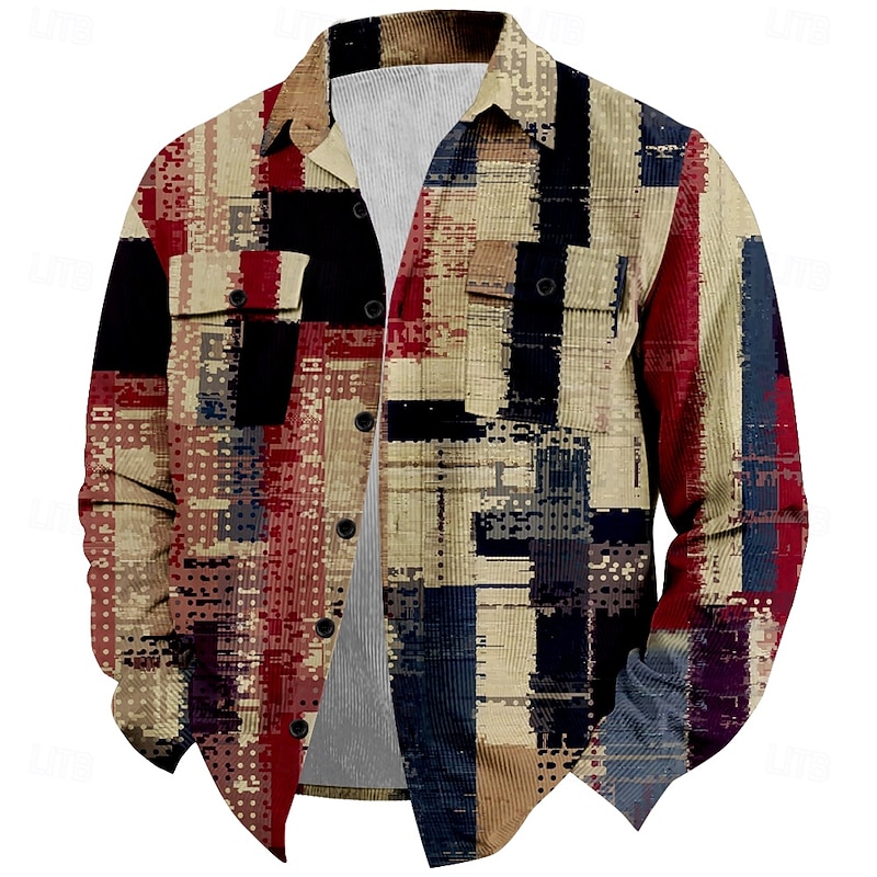 Men's Patchwork Corduroy Shirt Shirt Jacket Overshirt Long Sleeve Vintage Fashion Casual Outdoor Street Dailywear Fall & Winter Turndown Collared Shirts 3D Print Buttons 2 Pockets 1pc Khaki