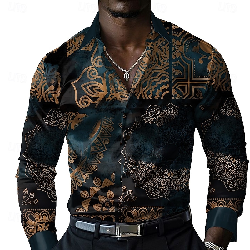 Men's Floral Button Up Shirt Designer Shirt Long Sleeve Fashion Casual Vacation Party / Evening Spring Fall Turndown Button Up Dark Green2