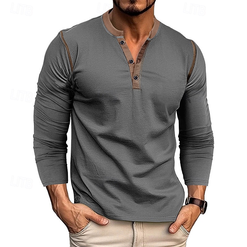Men's Button T Shirt T Shirt Henley Shirt Tee Long Sleeve Henley Spring &  Fall Patchwork Fashion Designer Basic Patchwork Vacation Street Going out Wine Black White Top Tee for Men