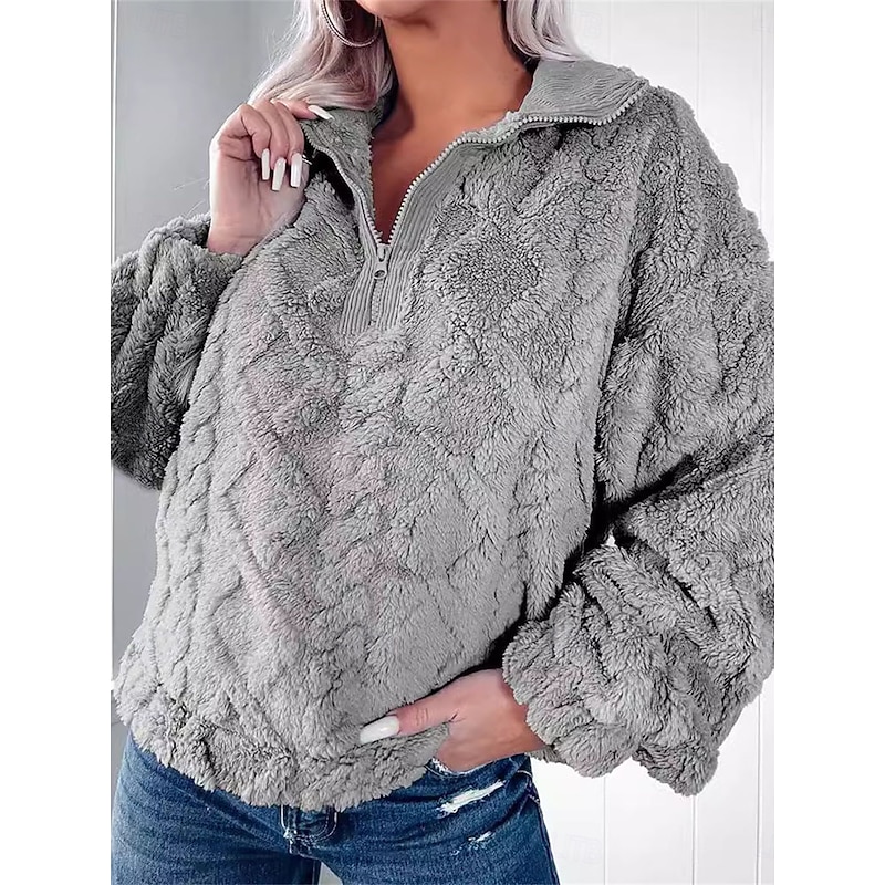 Women's Plain Casual Long Sleeve V Neck Regular Tops Street Dailywear Half Zip Pink Khaki Gray Fall Winter2