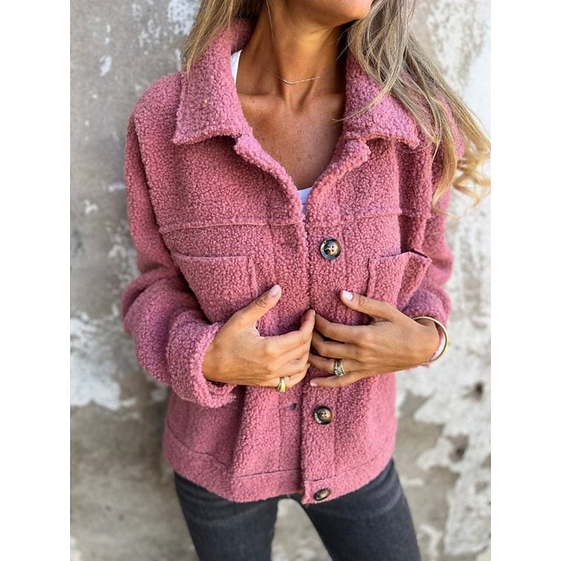 Women's Winter Coat Winter Jacket Fleece Jacket Outdoor Street Daily Fall Winter Short Coat Regular Fit Warm Breathable Comtemporary Stylish Jacket Long Sleeve Solid Color with Pockets Pink