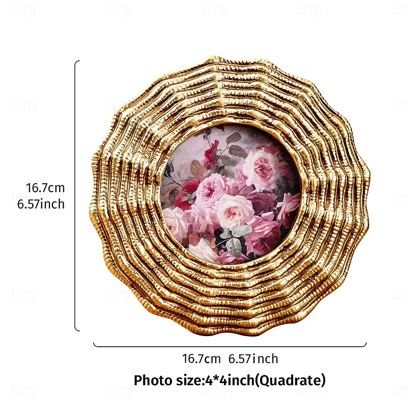 Vintage Round Photo Frame with Gold Floral Edging, Dual-Use Wall Hanging and Table Display, Includes Random Insert, Retro Home Decor and Photography Prop2