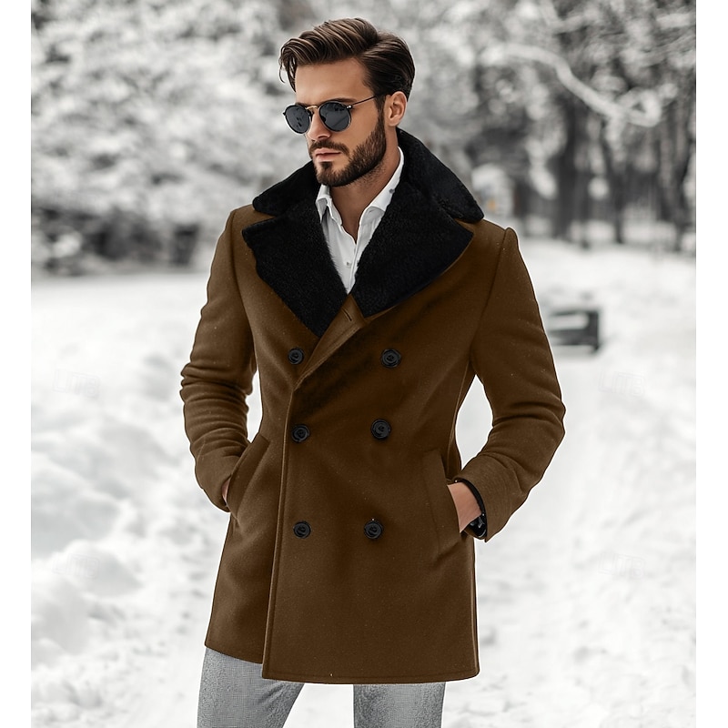 Men's Winter Jacket Wool Coat Coat Christmas Outdoor Fur Trim Buttons Winter Solid Color Christmas Elegant Fold-over Collar Regular Black Brown Jacket4