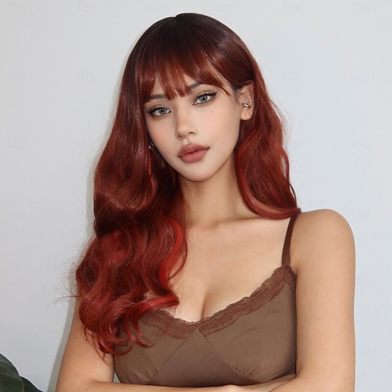 Synthetic Wig Curly Wavy Neat Bang With Bangs Machine Made Wig 26 inch sepia Synthetic Hair Women's Cute Cosplay Party Brown4