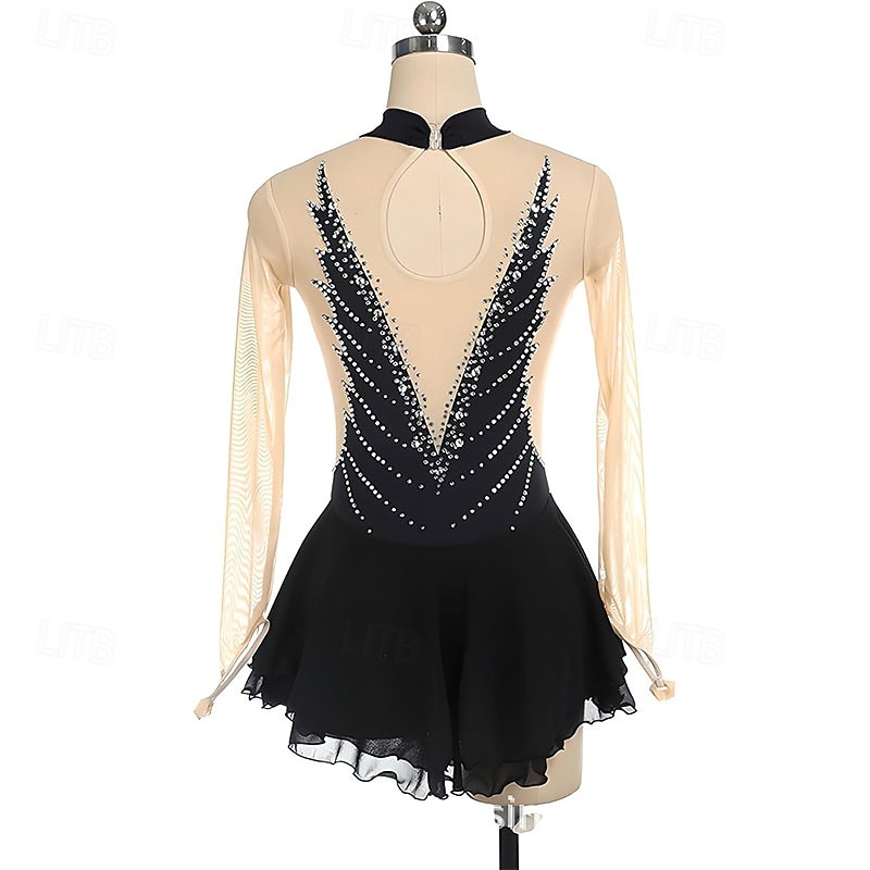Figure Skating Dress Women's Girls' Ice Skating Dress Black Patchwork High Elasticity Training Competition Skating Wear Classic Crystal / Rhinestone Long Sleeve Ice Skating Figure Skating2