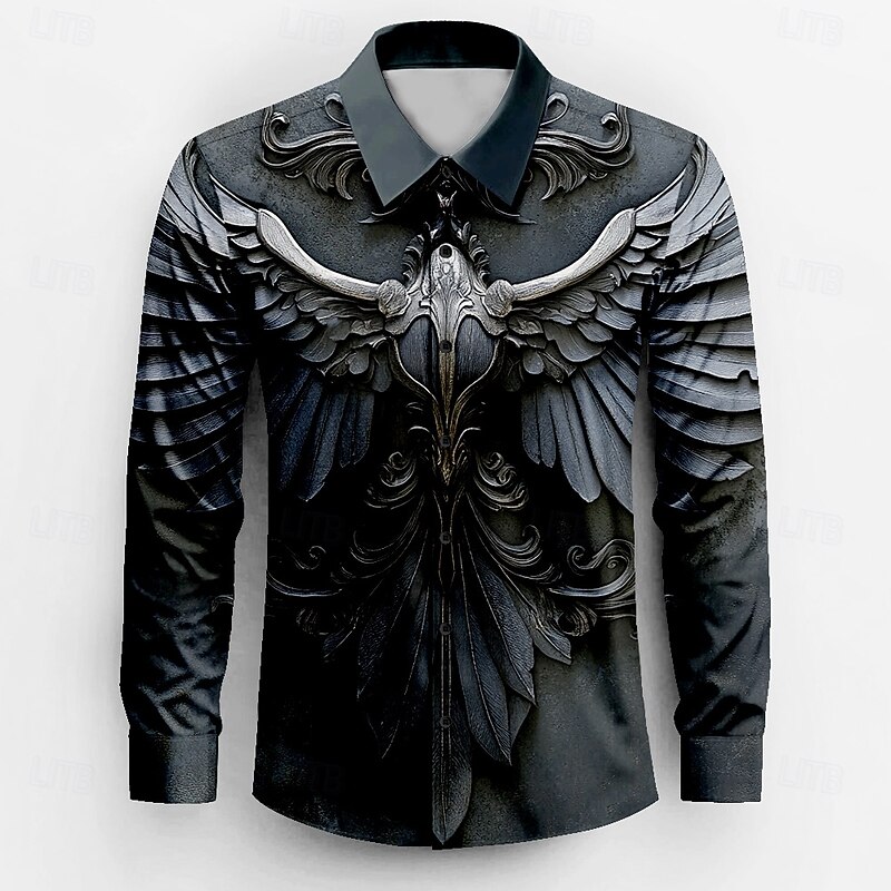 Men's Wings Button Up Shirt Long Sleeve Fashion Casual Dark Party Evening Wear Street Daily Fall Winter Spring & Summer Shirt Collar Button Up 3D Print Ink Blue